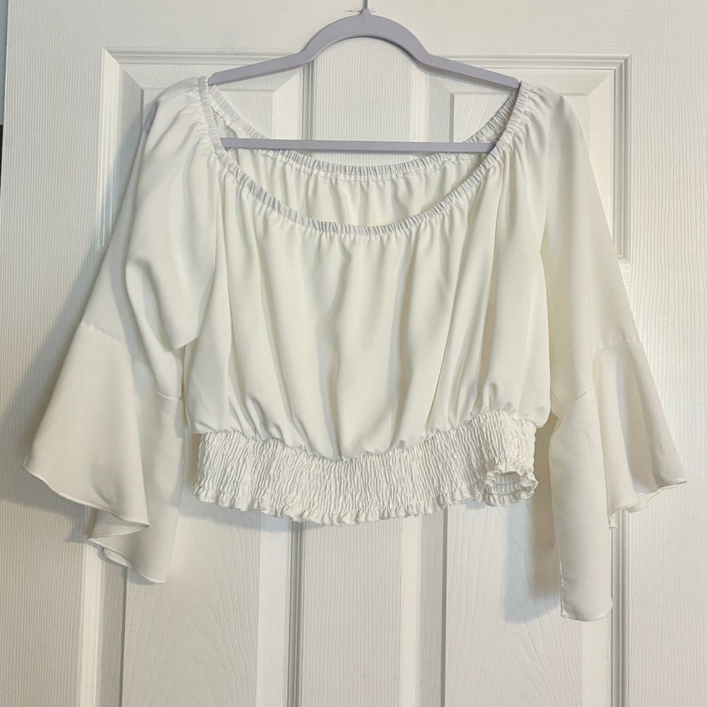 Off Shoulder Smocked Waist Blouse L Ivory Boho Cottagecore Flutter Sleeve Top